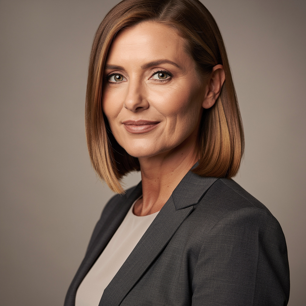 Studio portrait of a German woman in her forties, a social psychology researcher